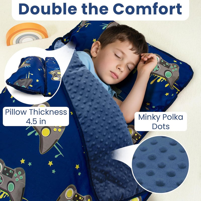Beavtaens Toddler Nap Mat with Pillow and Minky Blanket, Large 55"x35" Sleeping Bag, Washable, Lightweight, Easy to Roll, Perfect for Preschool, Daycare, Kindergarten, Travel, Boys and Girls(Gamepad) - Image 4